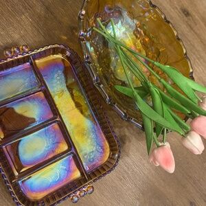 🍇 Vintage Marigold Carnival Glass Footed Fruit Bowl & Divided Relish Tray Set